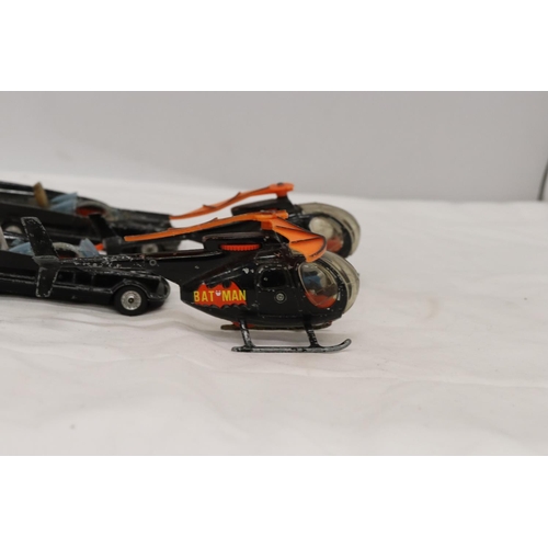 211 - TWO CORGI BATMOBILES TOGETHER WITH TWO BATCOPTERS