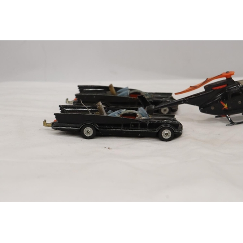 211 - TWO CORGI BATMOBILES TOGETHER WITH TWO BATCOPTERS