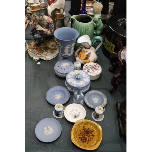 221 - A QUANTITY OF COLLECTABLES TO INCLUDE WEDGWOOD JASPERWARE, SYLVAC SQUIRREL JUG (A/F), BELLS ETC.,