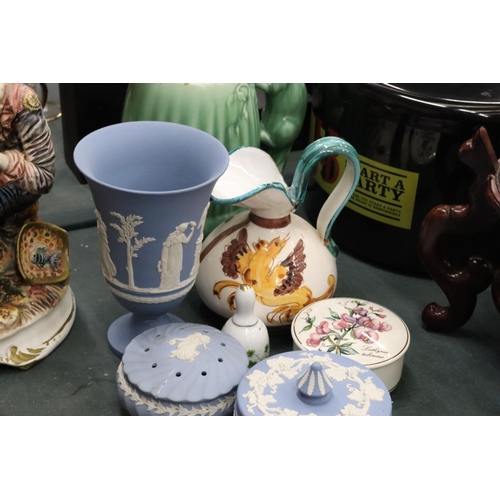 221 - A QUANTITY OF COLLECTABLES TO INCLUDE WEDGWOOD JASPERWARE, SYLVAC SQUIRREL JUG (A/F), BELLS ETC.,