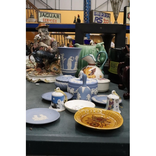 221 - A QUANTITY OF COLLECTABLES TO INCLUDE WEDGWOOD JASPERWARE, SYLVAC SQUIRREL JUG (A/F), BELLS ETC.,