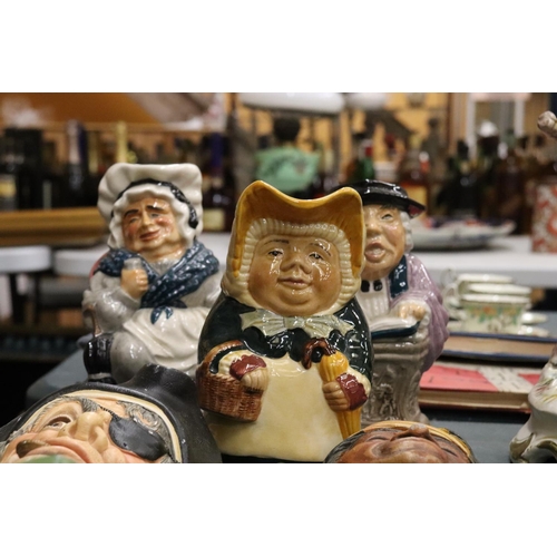 228 - THREE VINTAGE TOBY JUGS TOGETHER WITH A COLLECTION OF VINTAGE CHALKWARE BOSSONS