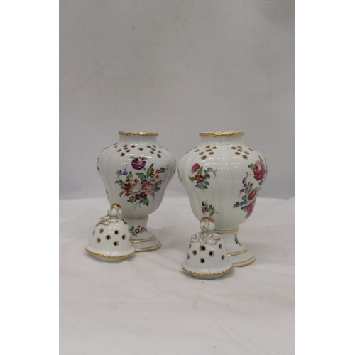 254 - TWO PORCELAIN POT POURRI POTS WITH ROSEBUD FINIALS