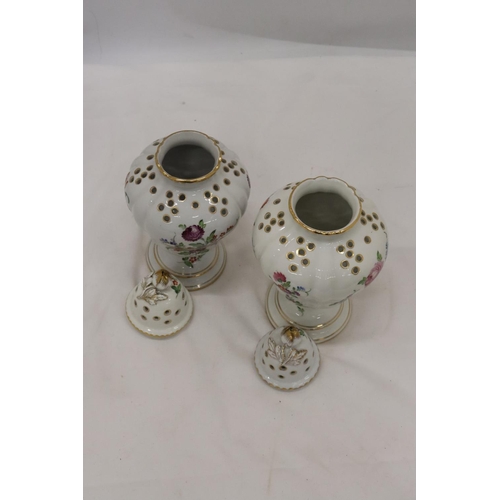 254 - TWO PORCELAIN POT POURRI POTS WITH ROSEBUD FINIALS