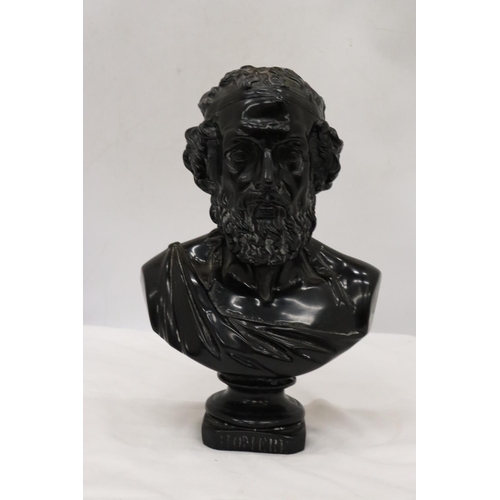 257 - A HEAVY RESIN BUST OF CLASSICAL GREEK POET TITLED - 'HOMERE', HEIGHT 30 CM