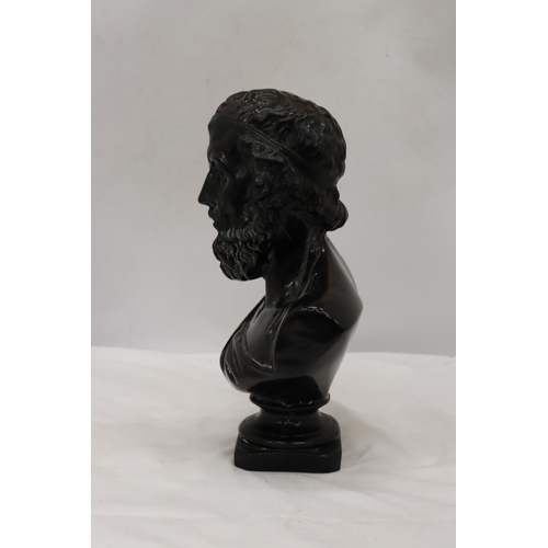 257 - A HEAVY RESIN BUST OF CLASSICAL GREEK POET TITLED - 'HOMERE', HEIGHT 30 CM