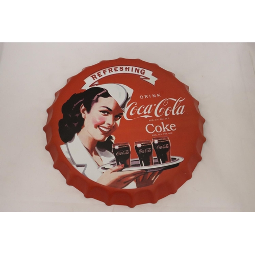 292 - A LARGE COCA-COLA METAL BOTTLE TOP ADVERTISING PLAQUE