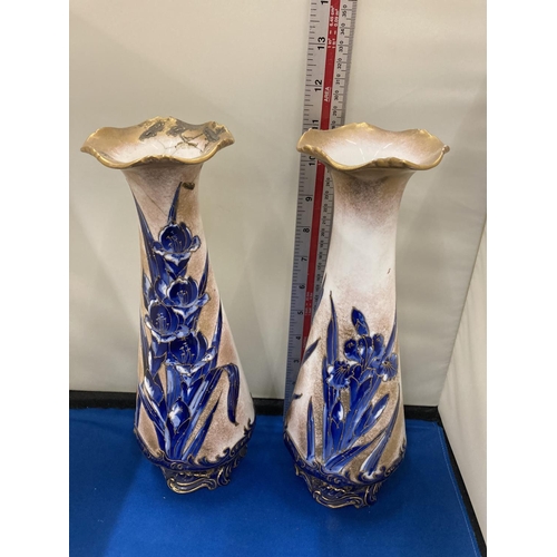 3 - A PAIR OF RARE DOULTON BURSLEM HAND PAINTED BLUE IRIS VASES (ONE A/F)