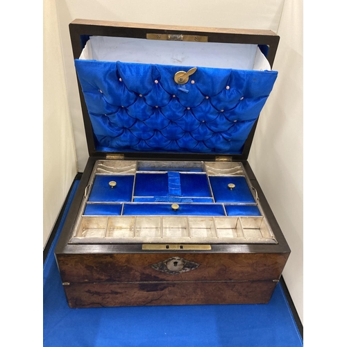 9 - AN UNUSUAL WALNUT AND INLAID MOTHER OF PEARL SEWING BOX AND WRITING SLOPE