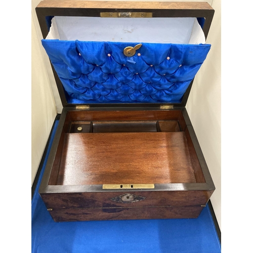 9 - AN UNUSUAL WALNUT AND INLAID MOTHER OF PEARL SEWING BOX AND WRITING SLOPE