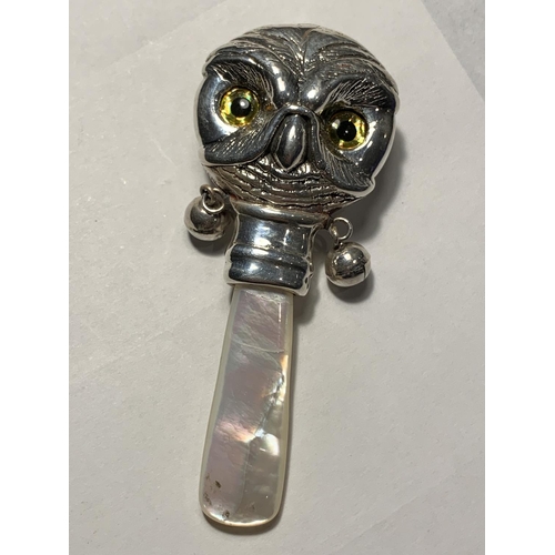 28 - A SILVER AND MOTHER OF PEARL OWL BABY RATTLE