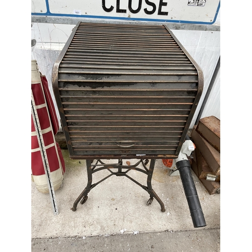 1650 - A VINTAGE WOODEN MACHINE TYPISTS CABINET WITH TAMBOUR FALL FRONT SHUTTER