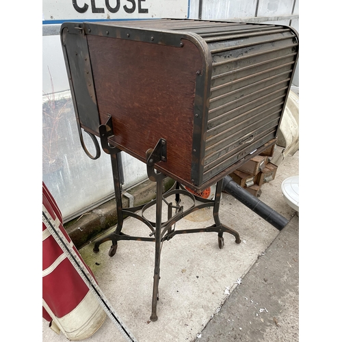 1650 - A VINTAGE WOODEN MACHINE TYPISTS CABINET WITH TAMBOUR FALL FRONT SHUTTER