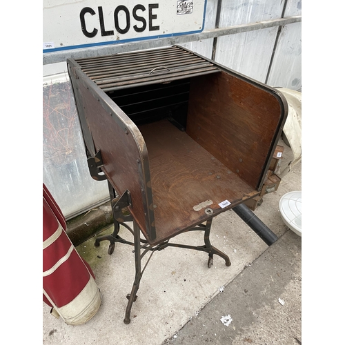 1650 - A VINTAGE WOODEN MACHINE TYPISTS CABINET WITH TAMBOUR FALL FRONT SHUTTER