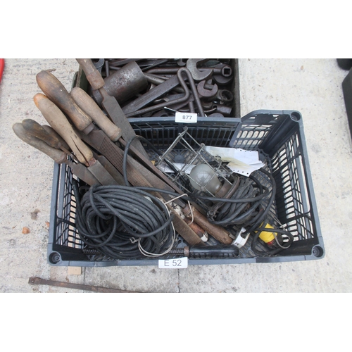 877 - MISC LOT INCLUDING CHAIR/LAWN AERIATOR/CAR JACKS/BOX STEEL FITTINGS/BOX OF TOOLS/PETROL BURNERS/FILE... 