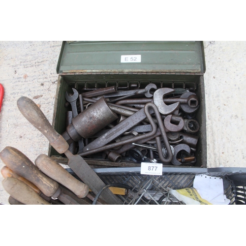 877 - MISC LOT INCLUDING CHAIR/LAWN AERIATOR/CAR JACKS/BOX STEEL FITTINGS/BOX OF TOOLS/PETROL BURNERS/FILE... 