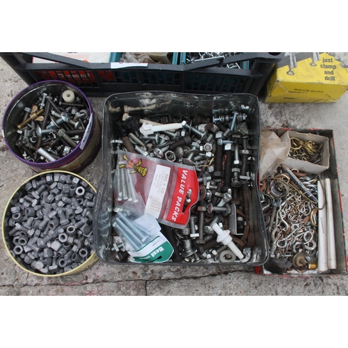 878 - TWO DRILL ACCESSORIES/FOUR TINS OF NUTS, BOLTS & SCREWS & POT OF RIVITS - NO VAT