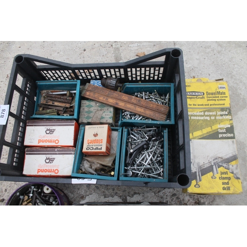 878 - TWO DRILL ACCESSORIES/FOUR TINS OF NUTS, BOLTS & SCREWS & POT OF RIVITS - NO VAT