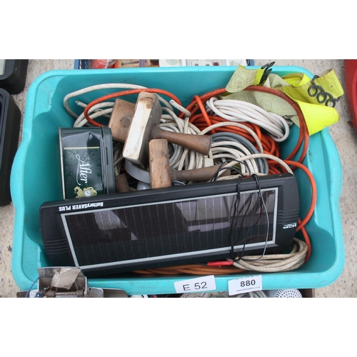 880 - BOX OF SPANNERS/WOOD CARVING/EXTENSION CABLE & SOLAR PANEL - NO VAT