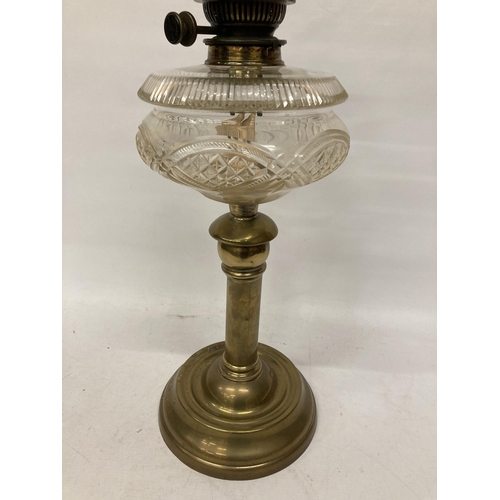 36 - A VINTAGE OIL LAMP WITH BRASS BASE, CLEAR CUT GLASS OIL RESERVOIR, TURQUOISE SHADE AND GLASS FUNNEL