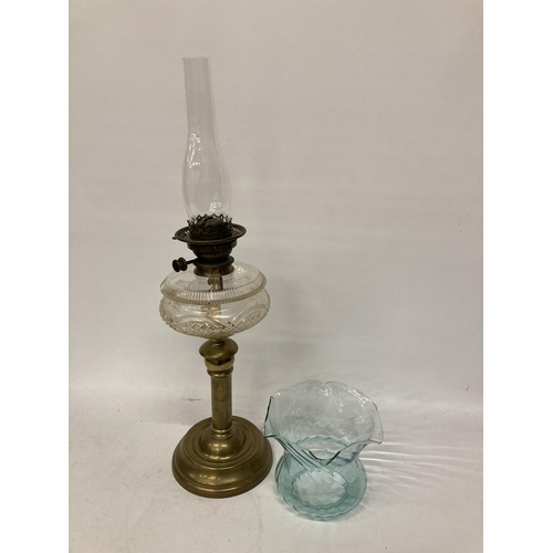 36 - A VINTAGE OIL LAMP WITH BRASS BASE, CLEAR CUT GLASS OIL RESERVOIR, TURQUOISE SHADE AND GLASS FUNNEL