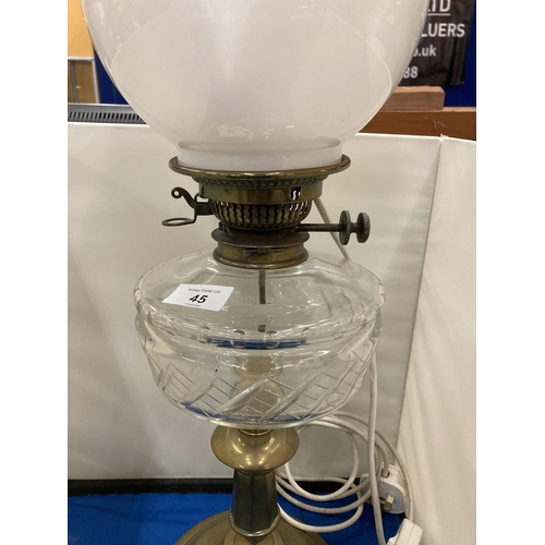 45 - A 19TH CENTURY OIL LAMP CONVERTED TO ELECTRIC WITH A BRASS BASE, CLEAR CUT GLASS RESERVOIR, MILK GLA... 