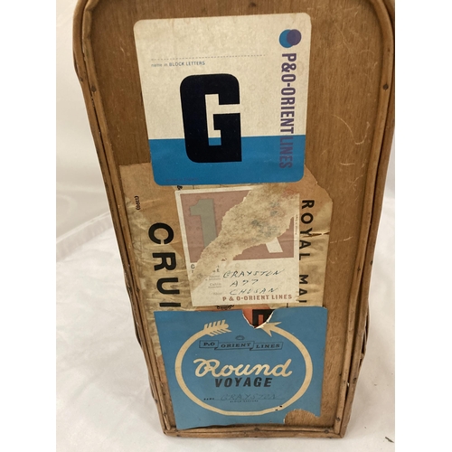 56 - A VINTAGE BASKET SUITCASE WITH VARIOUS P&O STICKERS (HANDLE A/F)