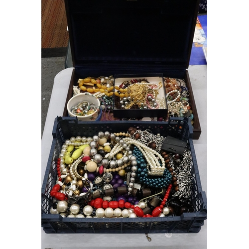 321 - A LARGE QUANTITY OF COSTUME JEWELLERY TO INCLUDE AMBER STYLE BEADS, BANGLES, NECKLACES, BEADS, ETC, ... 