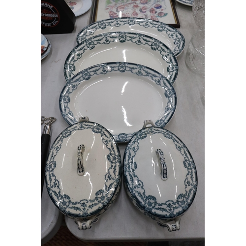 328 - FIVE LARGE PIECES OF VINTAGE STAFFORDSHIRE 'LOUVRE' PATTERN DINNERWARE TO INCLUDE TWO LIDDED SERVING... 