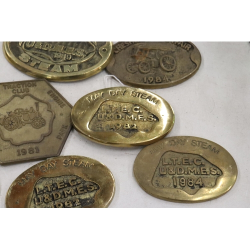 332 - A LARGE COLLECTION OF BRASS STEAM RALLY PLAQUES - 20 IN TOTAL