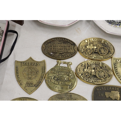 332 - A LARGE COLLECTION OF BRASS STEAM RALLY PLAQUES - 20 IN TOTAL