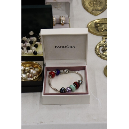 334 - A QUANTITY OF COSTUME JEWELLERY, SOME BOXED TO INCLUDE A BRACELET WITH BEADS MARKED PANDORA, BRACELE... 