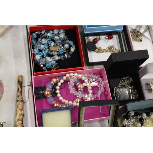 334 - A QUANTITY OF COSTUME JEWELLERY, SOME BOXED TO INCLUDE A BRACELET WITH BEADS MARKED PANDORA, BRACELE... 