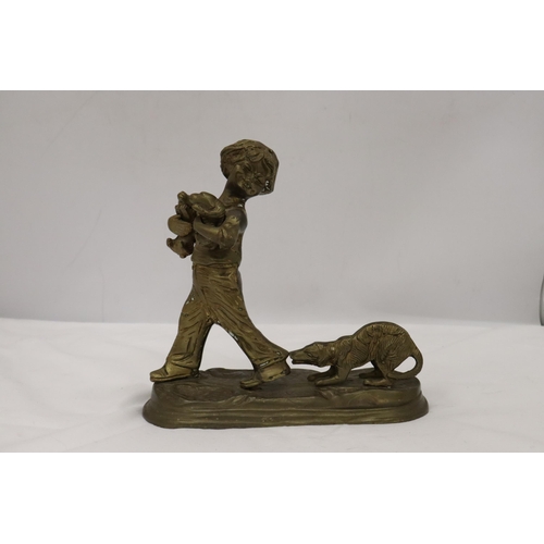 343 - A BRASS FIGURE OF A BOY WITH PUPPY DOGS, HEIGHT 20CM, WIDTH 20CM