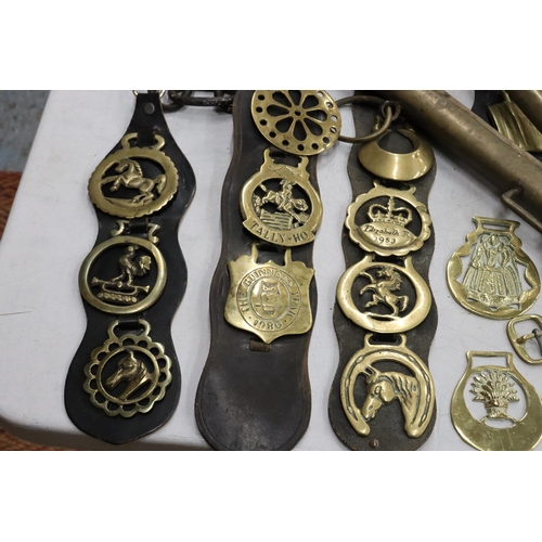 353 - A LARGE COLLECTION OF VINTAGE HORSE BRASSES, ETC TO INCLUDE HORSE HAMES, HORSE BRASSES ON MARTINGALE... 