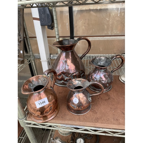 1546 - A COLLECTION OF FOUR GRADUATED VINTAGE COPPER MEASURING JUGS