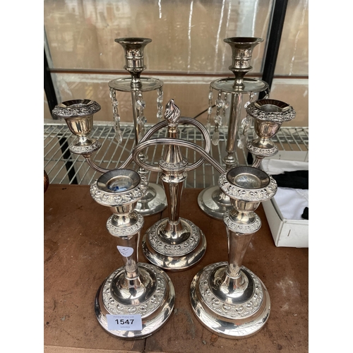 1547 - TWO PAIRS OF SILVER PLATED CANDLESTICKS AND A FURTHER TWISTED TWO BRANCH CANDLESTICK