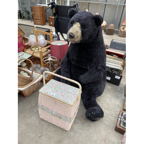 1797 - A LARGE TEDDY BEAR AND A WICKER SEWING BOX