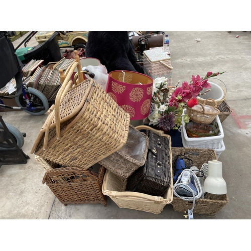 1798 - A LARGE ASSORTMENT OF ITEMS TO INCLUDE WICKER BASKETS, LIGHT FITTINGS AND A CHILDS CHAIR ETC