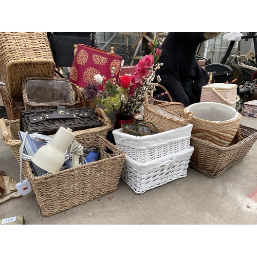 1798 - A LARGE ASSORTMENT OF ITEMS TO INCLUDE WICKER BASKETS, LIGHT FITTINGS AND A CHILDS CHAIR ETC