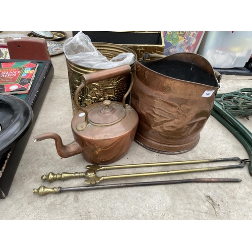 1807 - AN ASSORTMENT OF BRASS AND COPPER ITEMS TO INCLUDE A BRASS COAL BUCKET, A COPPER COAL BUCKET AND A C... 