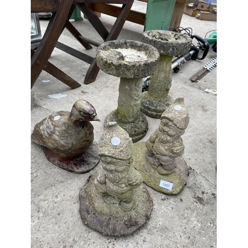 1857 - FIVE VARIOUS GARDEN FIGURES TO INCLUDE TWO SMALL CONCRETE BIRDBATHS AND TWO CONCRETE GNOMES ETC