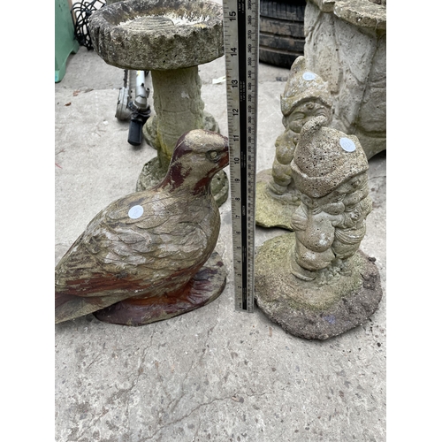 1857 - FIVE VARIOUS GARDEN FIGURES TO INCLUDE TWO SMALL CONCRETE BIRDBATHS AND TWO CONCRETE GNOMES ETC