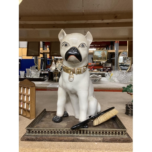 1021 - A LARGE CERAMIC DOG (A/F), A VINTAGE TRAY AND BRUSH