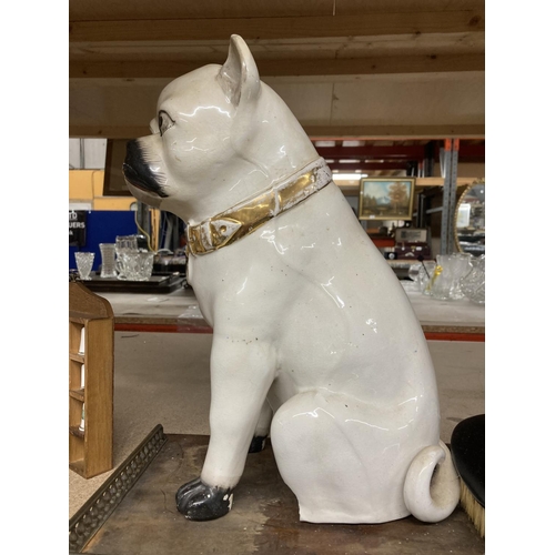 1021 - A LARGE CERAMIC DOG (A/F), A VINTAGE TRAY AND BRUSH