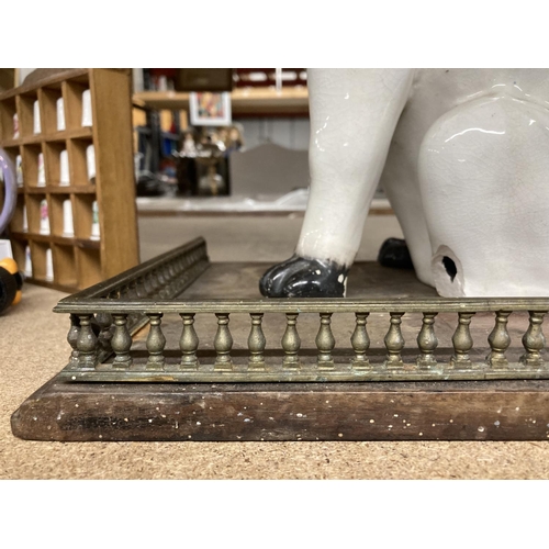 1021 - A LARGE CERAMIC DOG (A/F), A VINTAGE TRAY AND BRUSH