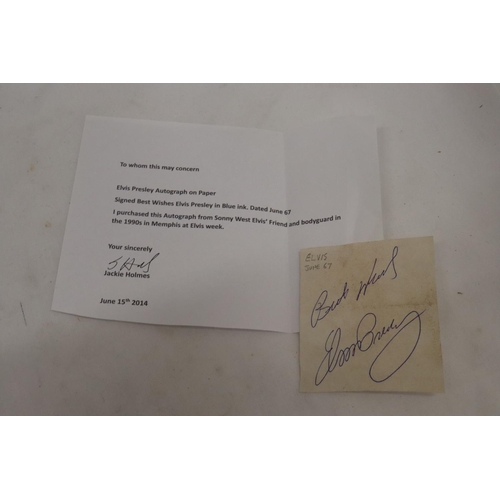 347 - AN ELVIS PRESLEY AUTOGRAPH, PURCHASED FROM SONNY WEST, ELVIS' FRIEND AND BODYGUARD IN THE MEMPHIS AT... 