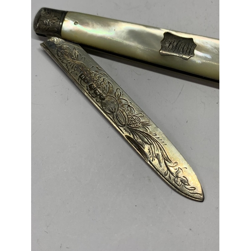 69 - A HALLMARKED SHEFFIELD SILVER AND MOTHER OF PEARL FRUIT KNIFE