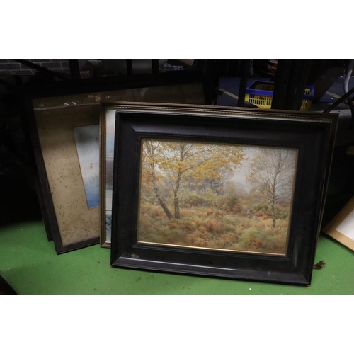 876A - FOUR LARGE FRAMED PRINTS, TWO SHIPPING SCENES, A VINTAGE WOODLAND GLADE AND A J FARQUHARSON OF SHEEP... 