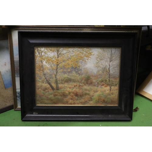 876A - FOUR LARGE FRAMED PRINTS, TWO SHIPPING SCENES, A VINTAGE WOODLAND GLADE AND A J FARQUHARSON OF SHEEP... 